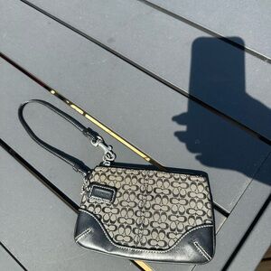 Coach Small Black Gray Signature C Jacquard Print Leather Trim Wristlet Purse